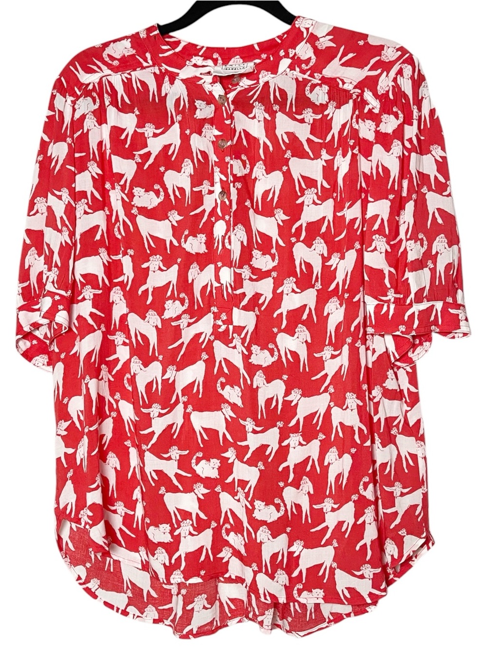 Anthropologie Emily Isabella Red Orange Dog & Cat Print Blouse L Whimsical Top - Picture 3 of 7
